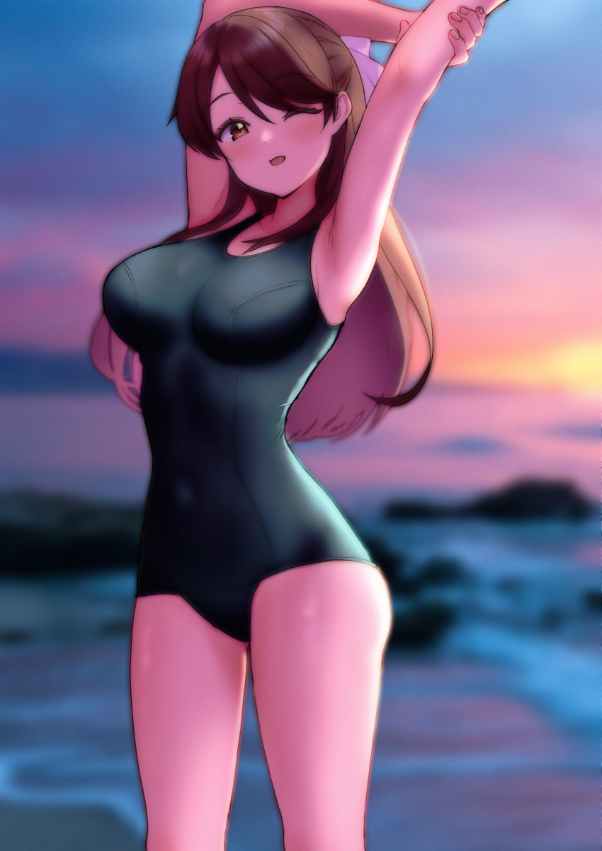 absurdres armpits beach blue_one-piece_swimsuit blush brave_witches breasts brown_eyes brown_hair covered_navel female hair_ribbon highres karibuchi_takami kuroniko large_breasts long_hair looking_at_viewer ocean one-piece_swimsuit one_eye_closed open_mouth outdoors presenting_armpit ribbon sky solo swimsuit world_witches_series