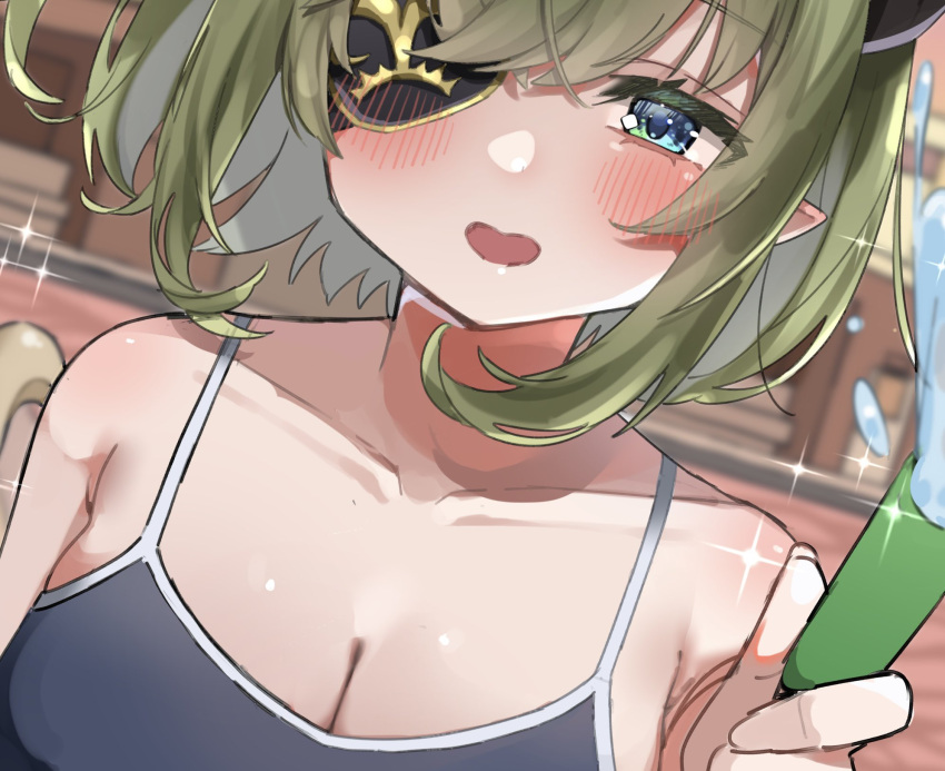 black_sports_bra blue_eyes blush breasts cleavage collarbone commentary_request dutch_angle eyepatch female green_hair hair_between_eyes highres holding holding_hose hose large_breasts looking_at_viewer medium_bangs medium_hair nanashi_inc. open_mouth outdoors pointy_ears sekishiro_mico smile solo sparkle sports_bra tamotsu_(mary) upper_body virtual_youtuber water