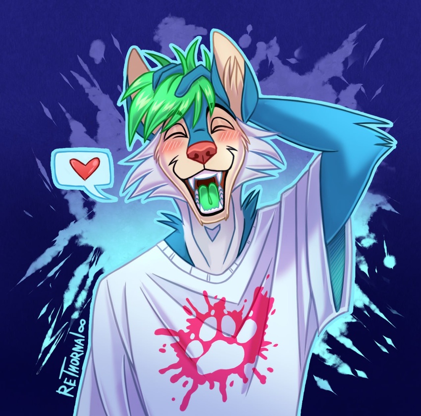 anthro blush canid canine canis domestic_dog ebb fangs green_tongue headshot_portrait heart_symbol hi_res hybrid male mammal portrait rethornal smile solo teeth tongue wolf wolfdog