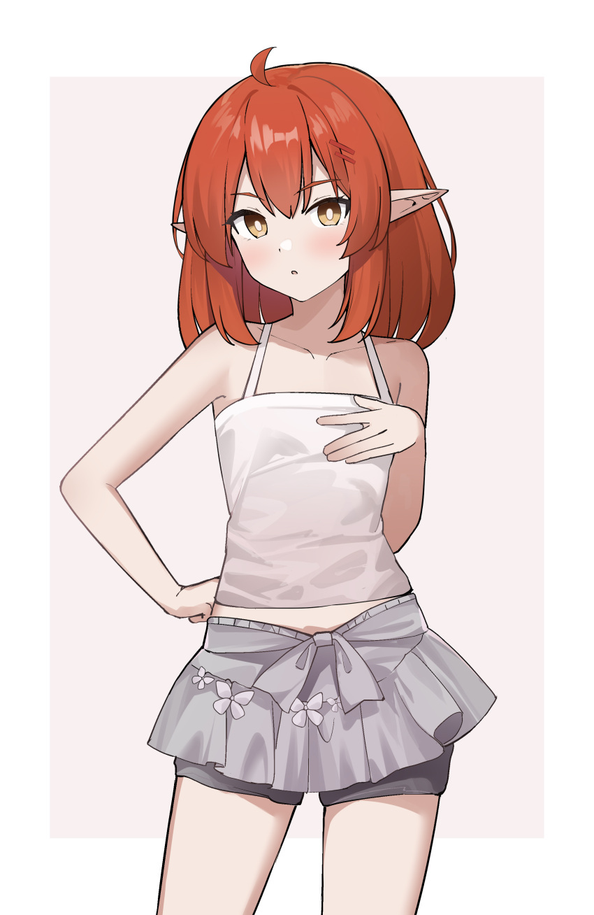 :o absurdres ahoge bad_id bad_pixiv_id bare_arms bare_shoulders breasts bright_pupils brown_eyes camisole casual collarbone commentary_request female grey_shorts grey_skirt hair_ornament hairclip hand_up helck highres looking_at_viewer midriff_peek miniskirt nagisa_(cxcx5235) parted_lips pink_background pleated_skirt pointy_ears red_hair short_shorts shorts shorts_under_skirt skirt small_breasts solo two-tone_background vermilio_(helck) white_background white_camisole white_pupils