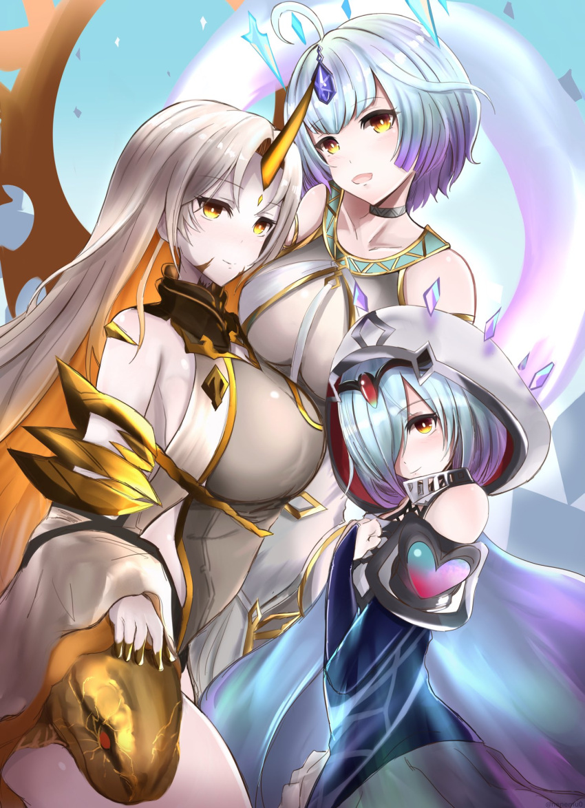 3girls animal bodysuit bridal_gauntlets clothing_cutout fire_emblem fire_emblem_heroes forehead_jewel giant_snake gold_horns gold_trim gradient_clothes gradient_hair grey_bodysuit gullveig_(fire_emblem) hair_over_one_eye highres horns kvasir_(fire_emblem) multicolored_hair multiple_girls nenemu0 oversized_animal pale_skin seidr_(fire_emblem) shoulder_cutout silver_trim single_horn snake_hair thick_thighs thigh_cutout thighs tight_clothes yellow_horns