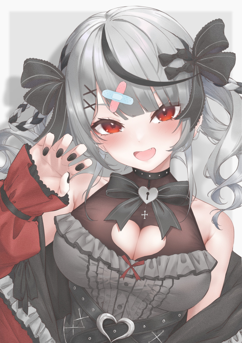 a9_(repainter) absurdres bandaid bandaid_hair_ornament belt black_belt black_bow black_coat black_dress black_hair black_nails bow breasts cleavage cleavage_cutout clothing_cutout coat dress drill_hair ear_piercing female frilled_dress frills grey_hair hair_ornament hairbow heart_belt heart_cutout highres hololive large_breasts looking_at_viewer medium_hair multicolored_hair nail_polish official_alternate_costume open_mouth piercing red_coat red_eyes sakamata_chloe sakamata_chloe_(jirai_kei) sleeveless sleeveless_dress smile streaked_hair twin_drills two-sided_coat two-sided_fabric virtual_youtuber x_hair_ornament