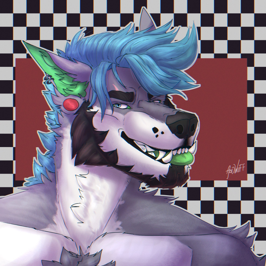 abstract_background acidwuff anthro arm_tuft artist_name beard black_beard black_facial_hair black_hair black_nose blue_eyes blue_hair bust_portrait canid canine canis checkered checkered_background ear_piercing ear_ring facial_hair fangs fox fur gauged_ear green_tongue grey_body grey_fur hair hi_res hybrid kyoju_(kyojufolf) looking_at_viewer male mammal multicolored_body multicolored_fur pattern_background piercing portrait ring_piercing shoulder_tuft simple_background solo teeth tongue tuft two_tone_body two_tone_fur white_body white_fur wolf