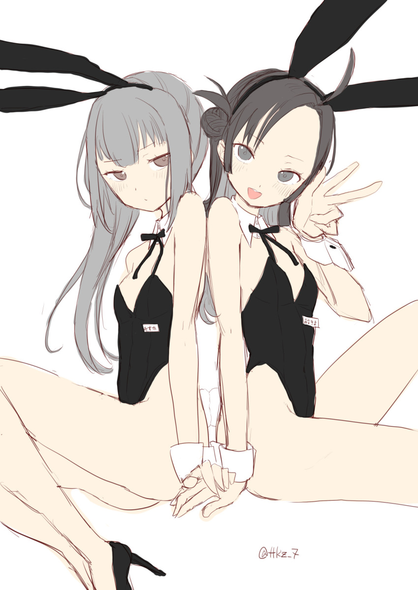 2girls ahoge animal_ears back-to-back bare_legs black_hair black_ribbon breasts brown_eyes commentary_request detached_collar forehead grey_hair hair_bun highres kantai_collection kasumi_(kancolle) long_hair makinami_(kancolle) matching_outfits multiple_girls one-hour_drawing_challenge playboy_bunny rabbit_ears ribbon side_ponytail simple_background small_breasts tetsukuzu_(yajirushi_shita) white_background wrist_cuffs