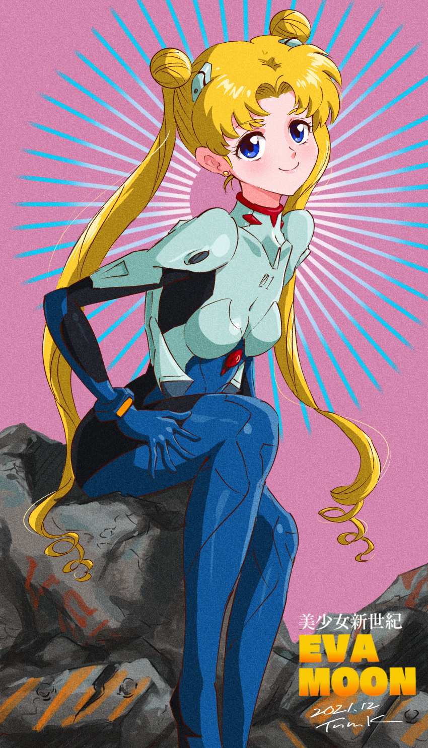 absurdres bishoujo_senshi_sailor_moon blonde_hair blue_eyes bodysuit cosplay double_bun earrings female hair_bun highres ikari_shinji ikari_shinji_(cosplay) interface_headset jewelry long_hair looking_at_viewer multicolored_bodysuit multicolored_clothes neon_genesis_evangelion pilot_suit plugsuit purple_background rubble sitting sunburst sunburst_background tsukino_usagi tsunemoku twintails