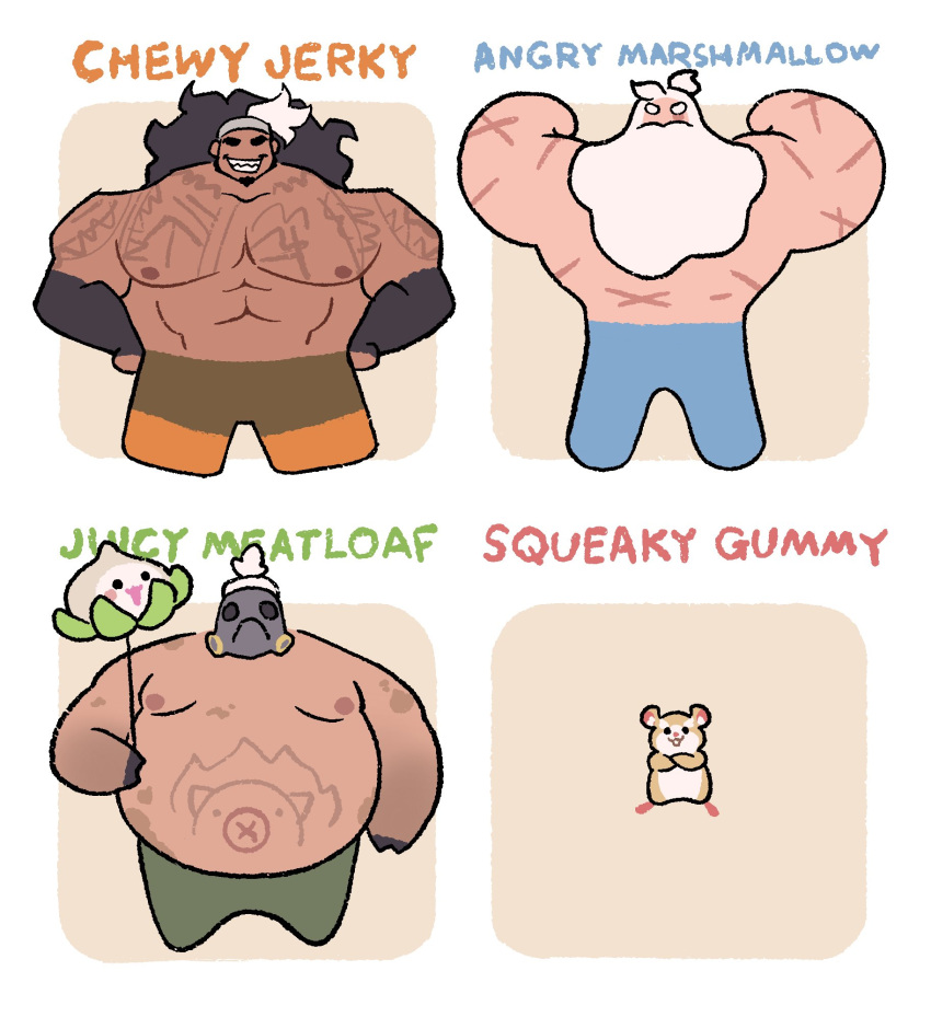 4boys balloon bara beard big_belly black_hair chest_tattoo chibi dark-skinned_male dark_skin deformed double_biceps_pose english_text facial_hair flexing friedicepop_(edlsjrny) full_beard gas_mask grin hammond_(overwatch) highres holding holding_balloon huge_pectorals long_beard male_focus mask mauga_(overwatch) multiple_boys muscular muscular_male no_eyes overwatch overwatch_2 reinhardt_(overwatch) roadhog_(overwatch) scar scars_all_over smile strongman_waist tattoo thick_eyebrows too_many topless_male very_long_beard