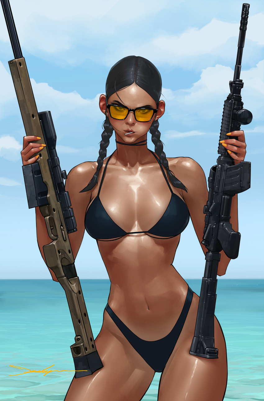 ai_arctic_warfare assault_rifle bikini black-framed_eyewear black_bikini black_choker black_hair blue_sky bolt_action braid breasts breasts_apart candy cheek_bulge choker collarbone commentary contrapposto cover cover_page cowboy_shot dark-skinned_female dark_skin day dual_wielding english_commentary female fingernails food forehead gun gun_honey highres holding holding_gun holding_weapon jee-hyung_lee joanna_tan large_breasts lips lollipop long_fingernails looking_at_viewer low_twin_braids m4_carbine medium_hair navel ocean orange_nails outdoors parted_hair pinup_(style) ribbon_choker rifle scope signature sky sniper_rifle solo standing sunglasses swimsuit tan textless_version thick_thighs thighs tinted_eyewear toned twin_braids weapon yellow-tinted_eyewear