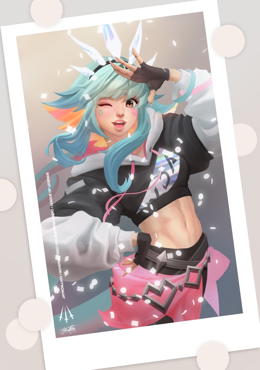 ;d black_gloves black_hoodie black_pants blonde_hair cowboy_shot crop_top female fingerless_gloves gloves green_hair grey_hoodie hand_up highres hood hood_down hoodie k/da_neeko league_of_legends long_hair long_sleeves midriff navel neeko_(league_of_legends) one_eye_closed pants photo_(object) pink_hair smile solo teamfight_tactics teeth upper_teeth_only wand_(jaywonjjoo) white_hoodie