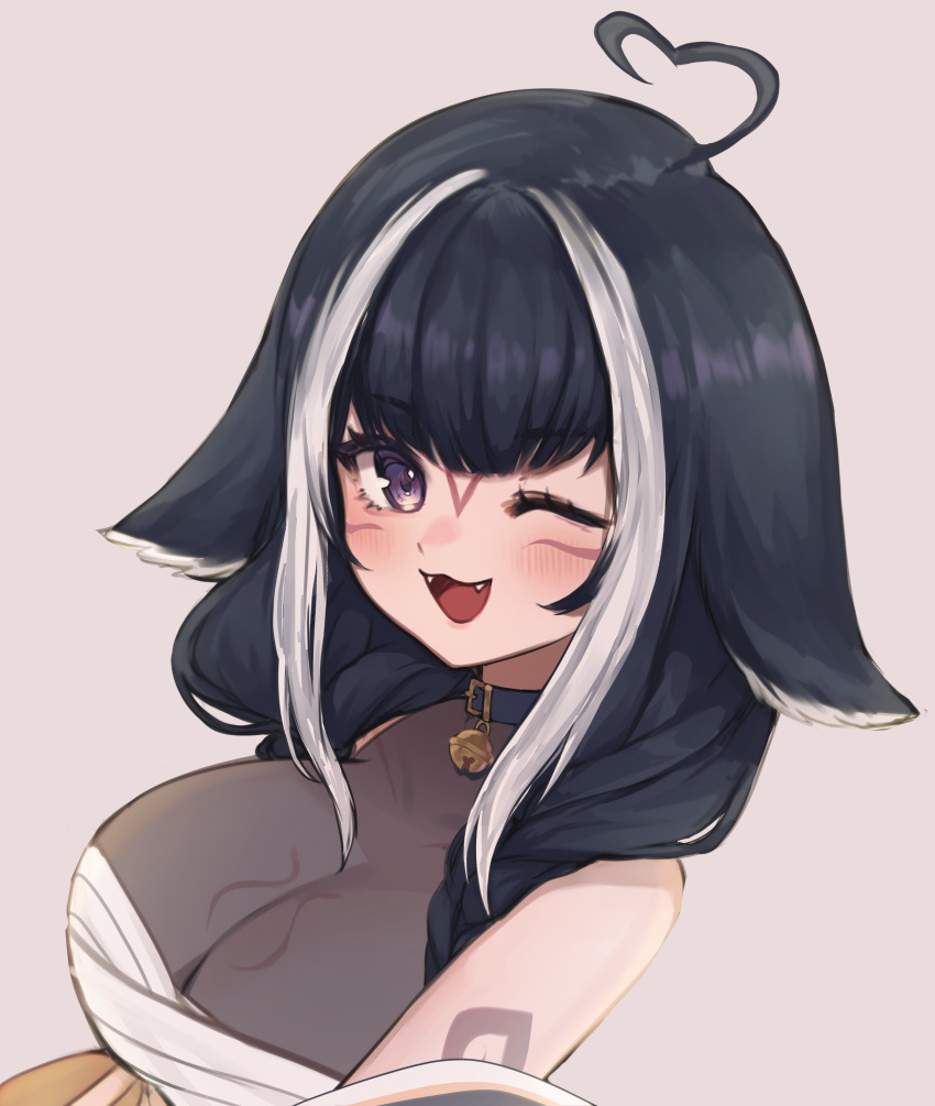 :3 absurdres ahoge bell belt_collar black_hair blue_collar blush body_markings braid breasts cleavage collar facial_mark female hair_over_shoulder heart heart_ahoge highres indie_virtual_youtuber large_breasts long_hair multicolored_hair neck_bell one-piece_swimsuit one_eye_closed open_mouth orca_girl purple_eyes see-through see-through_cleavage see-through_shirt see-through_swimsuit shirt shylily shylily_(3rd_costume) simple_background sky_above_me smile streaked_hair swimsuit twin_braids upper_body v_arms virtual_youtuber whale_girl white_hair