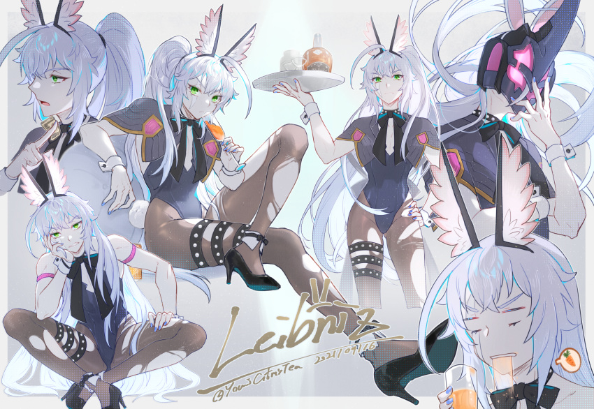 ahoge blaster_master_zero blue_nails bottle champagne_flute character_name crossed_legs cup dated drinking_glass female flat_chest green_eyes hand_on_own_hip high_heels highres leibniz_(blaster_master) long_hair mask pantyhose playboy_bunny ponytail scar scar_across_eye spoilers torn_clothes torn_pantyhose tray twitter_username white_hair wrist_cuffs youmicitrustea