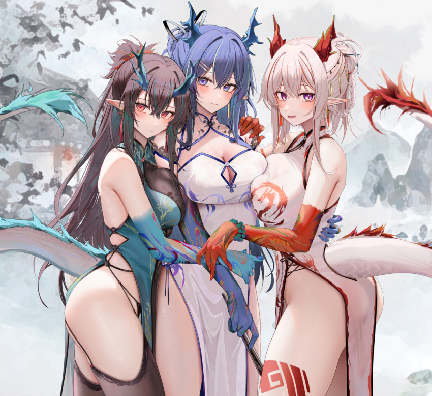 3girls arknights ass bead_bracelet beads black_thighhighs blue_eyes blue_hair blue_horns blue_skin bracelet breast_press breasts brown_hair china_dress chinese_clothes cleavage colored_skin dragon_girl dragon_horns dragon_tail dress dusk_(arknights) dusk_(everything_is_a_miracle)_(arknights) gradient_skin horns jewelry large_breasts ling_(arknights) long_hair looking_at_viewer multiple_girls nian_(arknights) nian_(unfettered_freedom)_(arknights) pink_eyes red_eyes red_horns red_skin ru_zhai siblings sisters standing tail thighhighs thighs white_dress white_hair