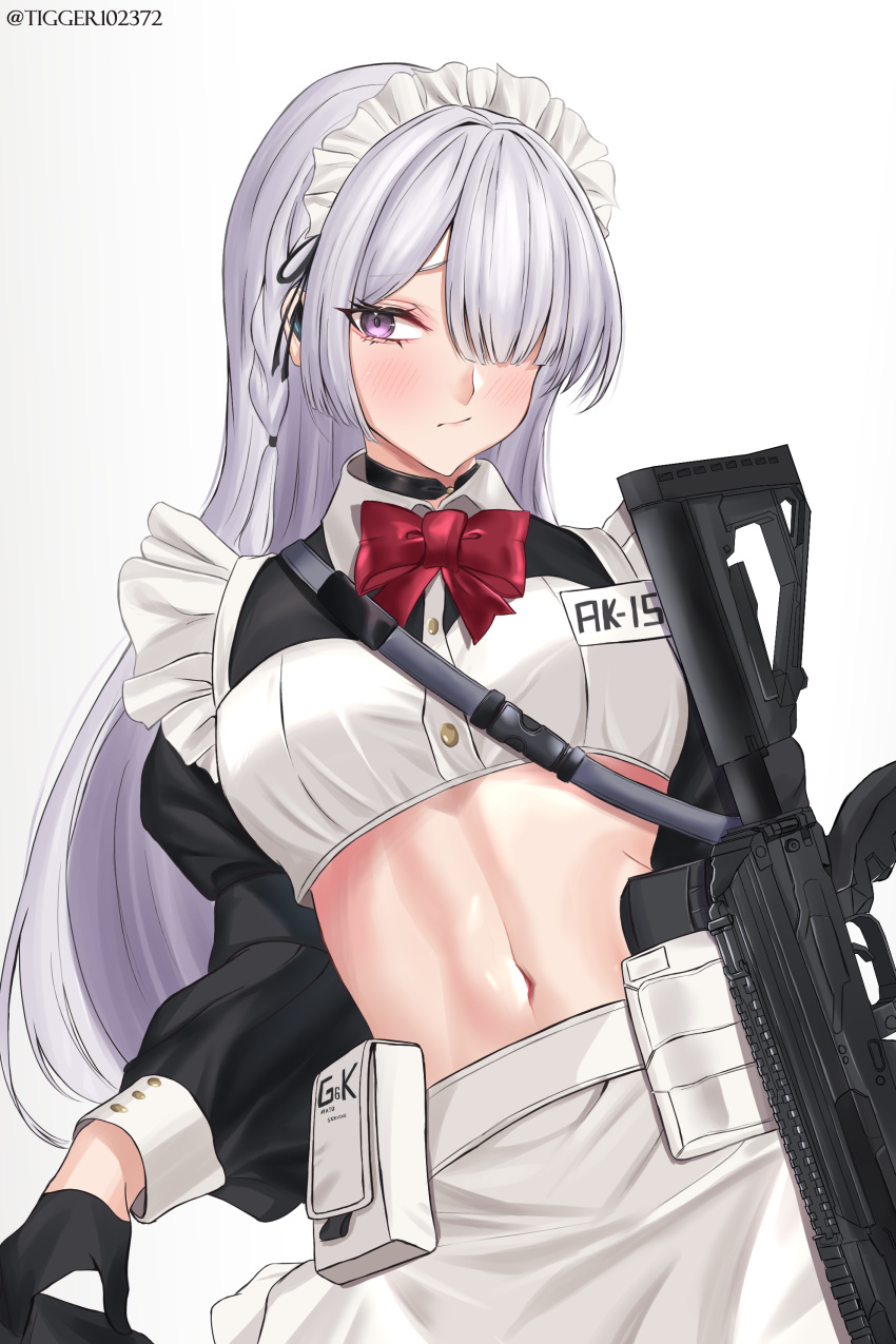 absurdres ak-15 ak-15_(girls'_frontline) alternate_costume apron artist_name assault_rifle black_choker black_gloves bow bowtie braid choker commentary crop_top enmaided female girls'_frontline gloves grey_hair gun hair_over_one_eye half_gloves highres kalashnikov_rifle long_hair maid maid_apron maid_headdress midriff navel puffy_sleeves rifle tigger_drawing weapon