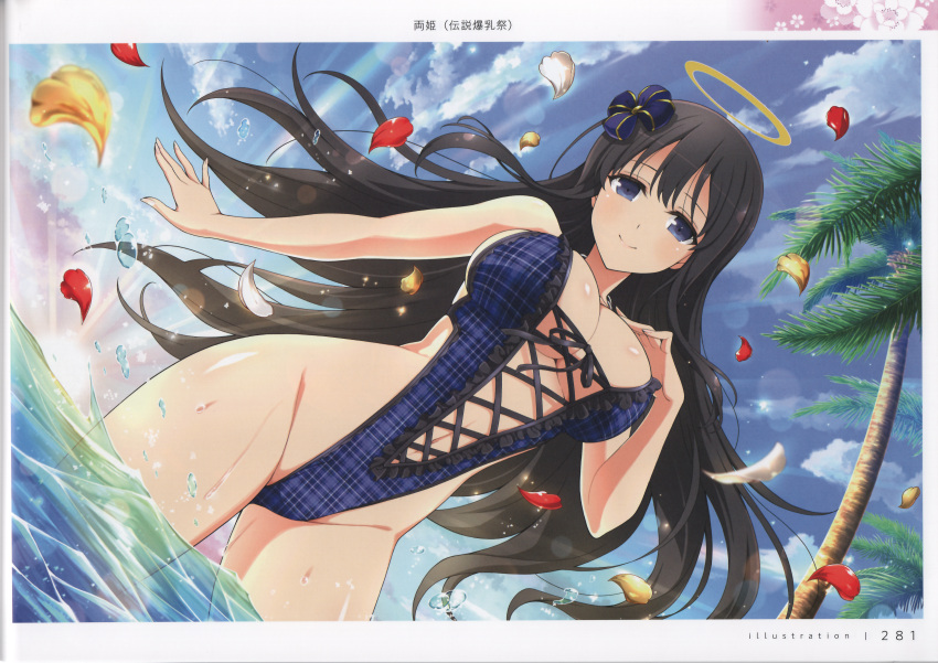 absurdres bare_arms bare_shoulders black_hair blue_eyes blue_sky bow bowtie breasts cleavage cloud cloudy_sky cross-laced_clothes female floating floating_object hair_ornament halo hand_on_own_chest highleg highleg_swimsuit highres long_hair looking_at_viewer medium_breasts ocean official_art one-piece_swimsuit page_number palm_tree petals ryouki_(senran_kagura) scan senran_kagura senran_kagura_new_link shiny_skin sky smile solo sun sunlight swimsuit thighs tree wading water water_drop yaegashi_nan