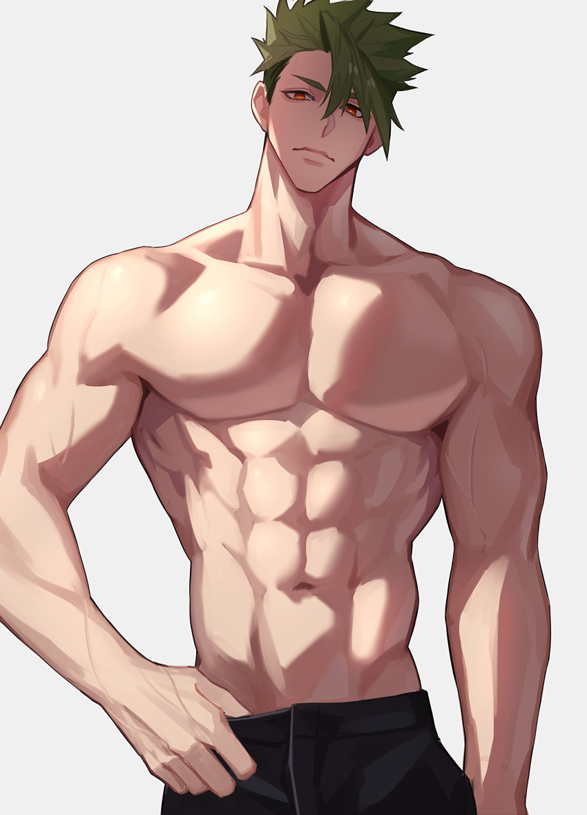 1boy abs absurdres achilles_(fate) bad_id bad_twitter_id black_pants collarbone fate/apocrypha fate_(series) grey_hair haruakira highres looking_at_viewer male_focus muscular muscular_male navel no_nipples orange_eyes pants pectorals short_hair solo thumb_in_beltline topless_male undercut upper_body v-taper veins veiny_arms white_background