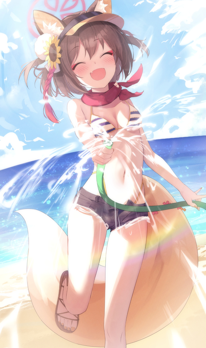 animal_ears beach bikini bitseon black_shorts blue_archive blush breasts brown_hair closed_eyes day eyeshadow facing_viewer feet female flower foot_out_of_frame fox_ears fox_tail hair_between_eyes hair_flower hair_ornament halo highres holding holding_hose hose izuna_(blue_archive) izuna_(swimsuit)_(blue_archive) legs makeup navel ocean oerba_yun_fang official_alternate_costume open_fly open_mouth outdoors pink_halo red_eyeshadow red_scarf sandals scarf short_hair short_shorts shorts skin_fang small_breasts smile solo striped_bikini striped_clothes swimsuit tail toenails toes yellow_flower