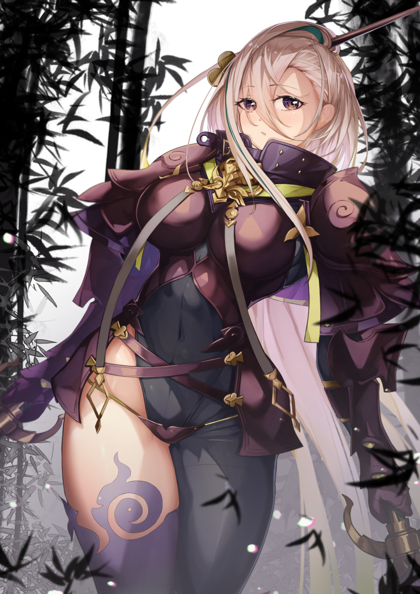 armor asymmetrical_clothes bamboo bamboo_forest blush bodysuit breastplate breasts covered_navel dual_wielding fate/grand_order fate_(series) female forest gauntlets green_hair grey_bodysuit grey_eyes hair_between_eyes hair_ornament hair_stick high_collar highleg highres holding huyan_zhuo_(fate) huyan_zhuo_(second_ascension)_(fate) large_breasts long_hair looking_at_viewer multicolored_hair nature pauldrons shoulder_armor single_pantsleg solo streaked_hair thighs ura_illust very_long_hair weapon white_hair