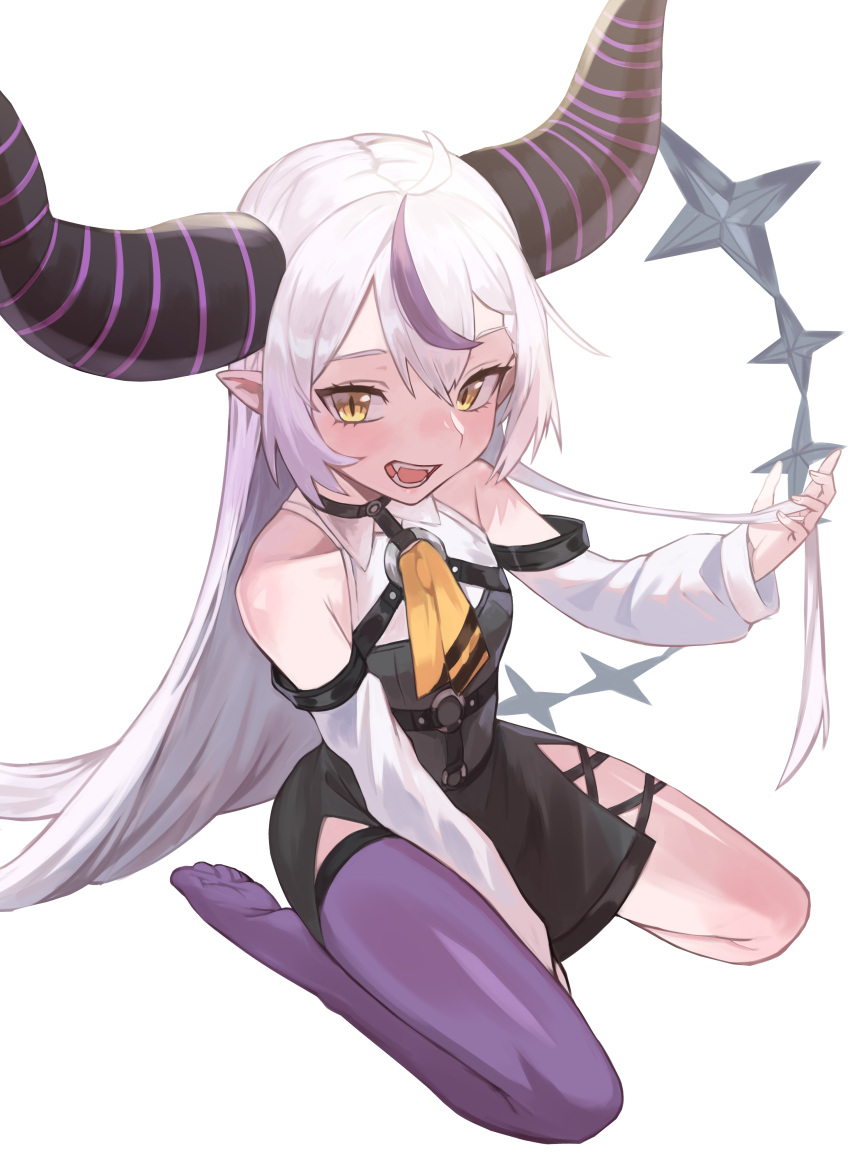 absurdres ahoge artistic_error ascot bare_shoulders between_legs black_horns braid braided_bangs commentary detached_sleeves fangs female hand_between_legs highres hololive horns kiwwwwwi la+_darknesss la+_darknesss_(1st_costume) long_hair looking_at_viewer multicolored_hair pantyhose pointy_ears purple_hair purple_pantyhose seiza single_leg_pantyhose sitting smile solo streaked_hair striped_horns thighhighs virtual_youtuber yellow_ascot yellow_eyes