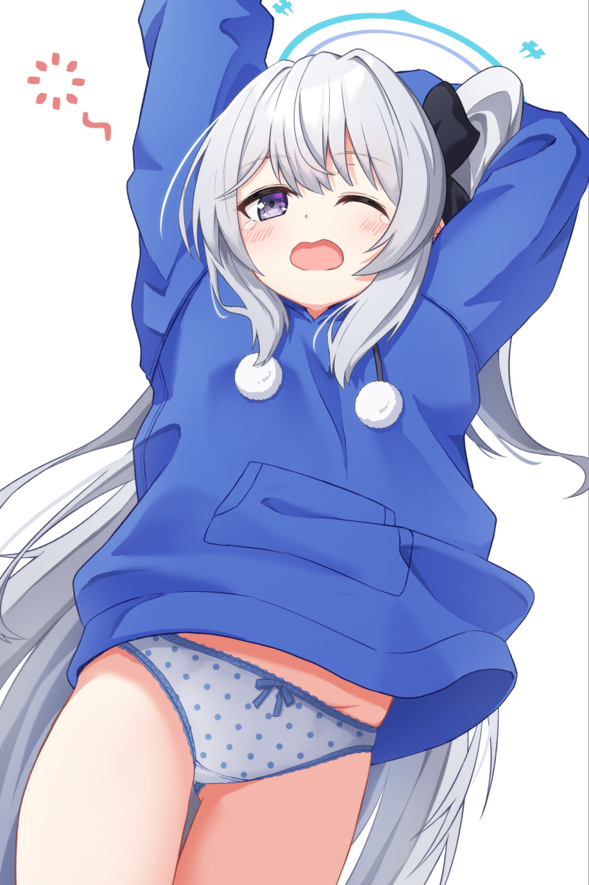 arms_up ass_visible_through_thighs black_bow blue_archive blue_halo blue_hoodie blush bow bow_panties casual commentary_request drawstring female grey_hair groin hairbow halo highres hood hood_down hoodie long_hair long_sleeves miyako_(blue_archive) miyako_(young)_(blue_archive) nenosame no_pants official_alternate_costume one_eye_closed one_side_up panties polka_dot polka_dot_panties puffy_long_sleeves puffy_sleeves purple_eyes simple_background solo squeans stretching tears underwear very_long_hair white_background white_panties yawning