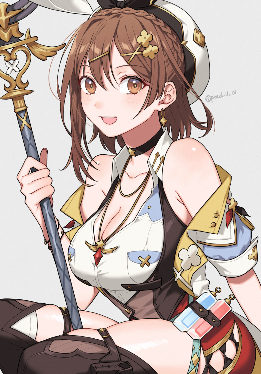 atelier_(series) atelier_ryza atelier_ryza_3 braid breasts brown_eyes brown_hair choker earrings female gloves hair_ornament hat highres jewelry large_breasts looking_at_viewer necklace peach11_01 red_shorts reisalin_stout short_hair short_shorts shorts smile solo star_(symbol) thighhighs thighs white_hat