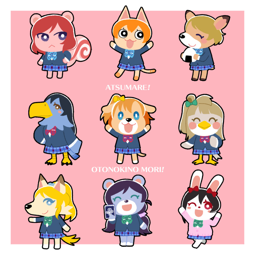 1:1 accipitrid accipitriform animal_crossing anthro avian bear bird blonde_hair bovid canid canine canis caprine card clothing digital_drawing_(artwork) digital_media_(artwork) domestic_cat domestic_dog eagle eli_ayase felid feline felis female fortune_telling fox giant_panda goat group hair hanayo_koizumi happy hi_res honoka_kousaka japanese_text kotori_minami kou7303 lagomorph leporid love_live! love_live!_school_idol_project maki_nishikino mammal nico_yazawa nintendo nozomi_toujou open_mouth pink_clothing pink_sweater pink_topwear rabbit raised_arms red_hair rin_hoshizora rodent school_uniform sciurid shaded simple_background simple_shading sweater tail tarot tarot_card text topwear tree_squirrel umi_sonoda uniform