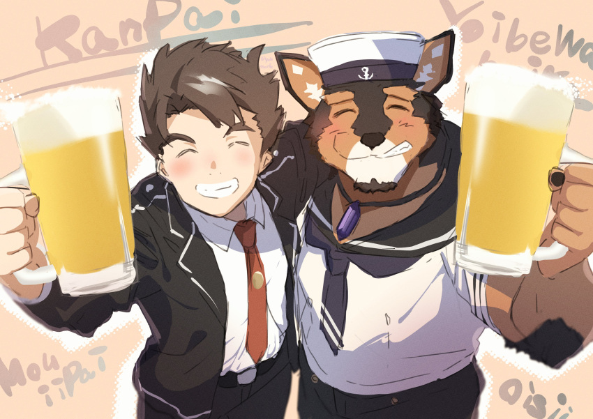 absurd_res alcohol anthro arm_around_shoulders beverage brown_body brown_fur canid canine canis clothing domestic_dog duo fur grin hi_res human lifewonders live_a_hero male male/male male_operator mammal necktie protagonist_(live_a_hero) pubraseer sailor_hat sailor_uniform smile suit youmoxto