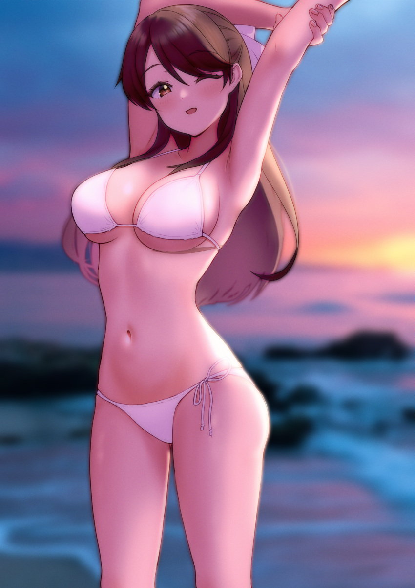 absurdres armpits beach bikini blush brave_witches breasts brown_eyes brown_hair cleavage female hair_ribbon halterneck highres karibuchi_takami kuroniko large_breasts long_hair looking_at_viewer navel ocean one_eye_closed open_mouth outdoors presenting_armpit ribbon side-tie_bikini_bottom sky solo string_bikini swimsuit white_bikini world_witches_series