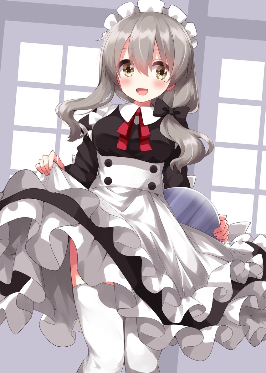 :d apron blush bow brown_eyes dress female frills grey_hair hair_between_eyes hairbow highres holding holding_tray koisuru_asteroid long_hair long_sleeves looking_at_viewer maid maid_headdress morino_mari neck_ribbon open_mouth ribbon ruu_(tksymkw) smile solo thighhighs tray white_apron white_thighhighs