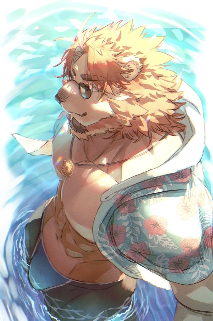 1boy abs animal_ears bara birry commentary_request facial_hair floral_print from_above furry furry_male goatee highres hood hooded_jacket indie_virtual_youtuber jacket jewelry kinji_ninomiya large_pectorals lion_boy lion_ears lion_mane looking_to_the_side male_focus male_swimwear muscular muscular_male necklace pectorals sunglasses swim_trunks thick_eyebrows virtual_youtuber water