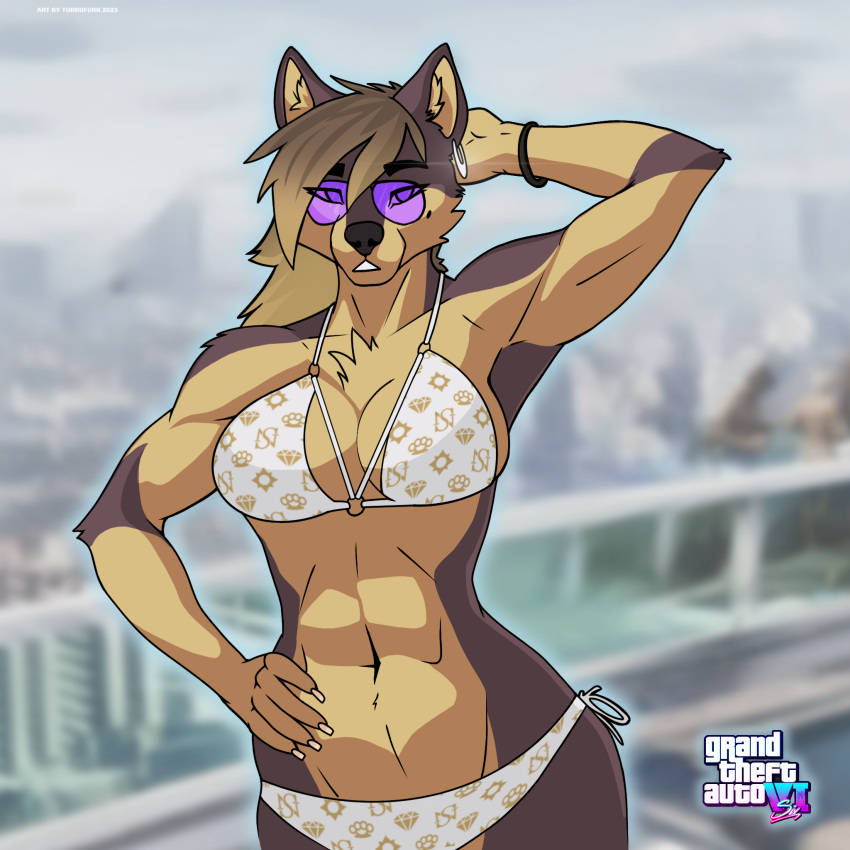 1:1 anthro aviators bikini bikini_bottom bikini_top blonde_hair bracelet brown_body brown_fur brown_hair canid canine canis city city_background cityscape clothing colored_nails ear_piercing ear_ring eyewear female fur grand_theft_auto grand_theft_auto_vi hair hand_on_head hand_on_hip hi_res inner_ear_fluff jewelry kate_turbofurr mammal markings mole_(marking) multicolored_body multicolored_fur multicolored_hair muscular nails navel piercing ring_piercing rockstar_games sky solo sunglasses swimwear tuft turbofurr two_tone_body two_tone_fur two_tone_hair white_bikini white_bikini_bottom white_bikini_top white_clothing white_swimwear wolf