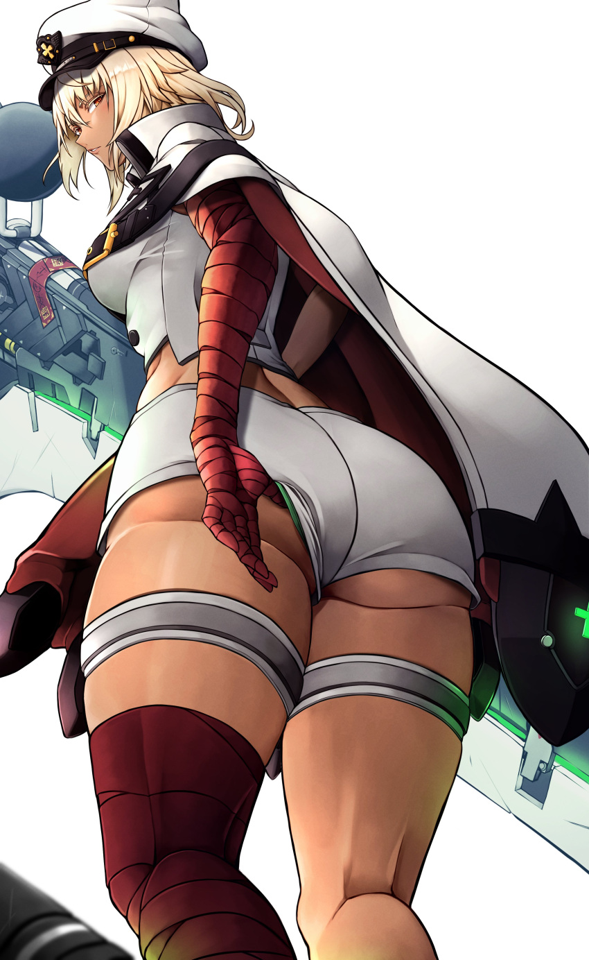 absurdres adjusting_clothes adjusting_shorts ass bandages blonde_hair border butt_crack cape closed_mouth dark-skinned_female dark_skin female fingerless_gloves floating floating_object from_behind gloves guilty_gear guilty_gear_strive hair_between_eyes hat highres huge_weapon leg_up long_hair looking_at_viewer looking_back lucifero_(guilty_gear) military_hat orange_eyes petting ramlethal_valentine short_shorts shorts simple_background solo souma_(so_u_maaaaa) sword tan thick_thighs thigh_strap thighs toned weapon white_background white_border white_cape white_gloves