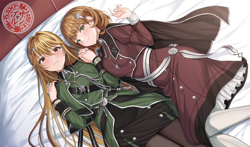 2girls blonde_hair breasts brown_eyes brown_hair dress duel_monster exosister_elis exosister_stella frilled_dress frills green_eyes hair_ornament hands_up highres holding_hands interlocked_fingers large_breasts long_hair medium_breasts medium_hair multiple_girls on_bed pantyhose rama_(yu-light8) sample_watermark star_(symbol) star_hair_ornament watermark yu-gi-oh!