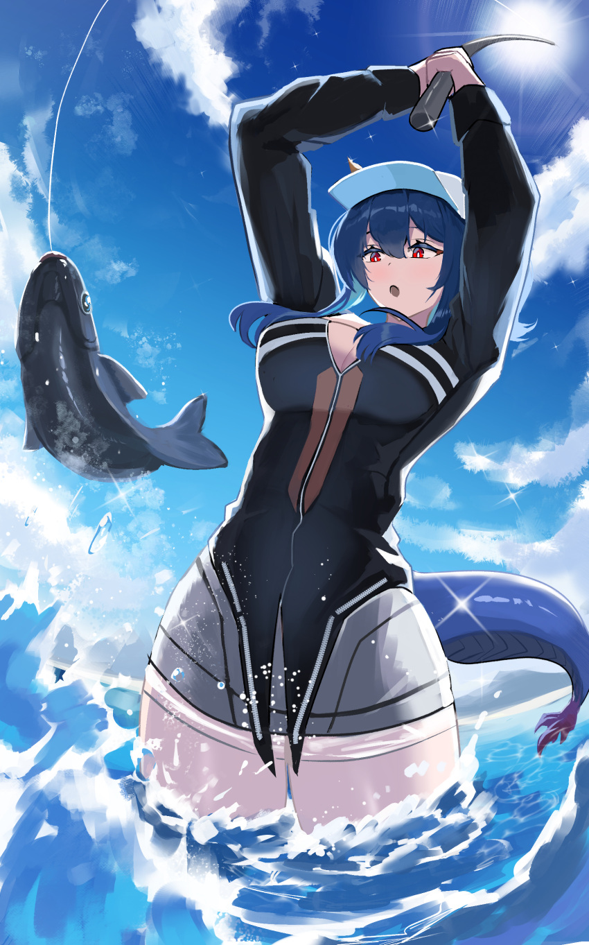 absurdres arknights black_jacket blue_hair breasts ch'en_(arknights) ch'en_the_holungday_(arknights) dragon_girl dragon_horns dragon_tail female fish fishing fishing_rod highres holding holding_fishing_rod horns jacket large_breasts long_hair long_sleeves ocean official_alternate_costume open_mouth red_eyes solo tail tofudofu wading