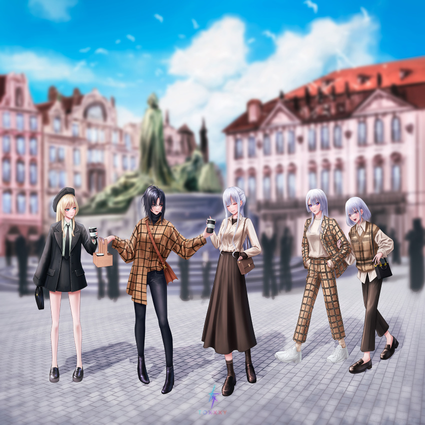 5girls ak-12_(girls'_frontline) ak-15_(girls'_frontline) alternate_costume an-94_(girls'_frontline) angelia_(girls'_frontline) aqua_eyes aqua_nails artist_name bag beret black_bag black_eyes black_footwear black_hair black_jacket black_necktie black_skirt blonde_hair blurry blurry_background blush braid breasts brown_bag brown_footwear brown_pants brown_skirt casual closed_eyes closed_mouth cup defy_(girls'_frontline) denim dindsau disposable_coffee_cup disposable_cup french_braid full_body girls'_frontline hair_ornament hat highres holding holding_cup jacket jeans long_hair long_skirt long_sleeves medium_breasts medium_hair multiple_girls nail_polish necktie open_mouth orange_bag pants plaid plaid_jacket plaid_pants plaid_shirt plaid_vest purple_eyes purple_nails rpk-16_(girls'_frontline) shirt shoes shoulder_bag sidelocks skirt smile socks standing turtleneck vest white_footwear white_hair white_shirt