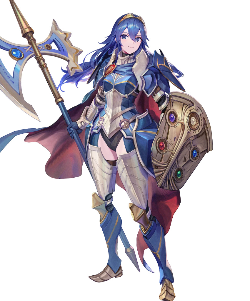 armor axe black_leotard blue_cape blue_eyes blue_hair brand_of_the_exalt cape crest family_crest female fire_emblem fire_emblem_awakening fire_emblem_heroes gesoking highres holding holding_axe holding_shield leotard long_hair lucina_(fate's_resolve)_(fire_emblem) lucina_(fire_emblem) no_pants non-web_source official_alternate_costume official_art red_cape shield solo tiara transparent_background