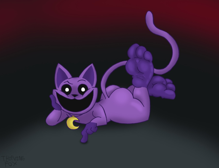 2023 3_toes anthro ass big_butt big_feet catnap_(poppy_playtime) critters_(poppy_playtime) crossed_legs domestic_cat feet felid feline felis foot_fetish fur hindpaw male mammal mob_entertainment paws poppy_playtime purple_body purple_fur short_stack smelly smelly_feet smile smiling_critters smoke solo thieving_fox_(artist) toes