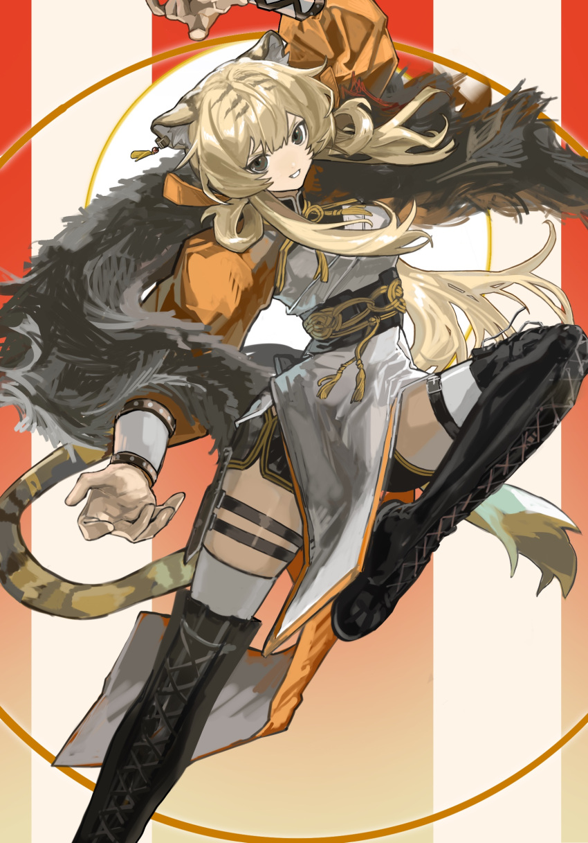 animal_ears arknights black_footwear blonde_hair boots breasts brown_eyes chinese_clothes commentary_request dress du_yaoye_(arknights) feather_boa female foot_out_of_frame gradient_background hand_up highres jacket knee_up long_hair looking_at_viewer medium_breasts nanataru10 orange_jacket pelvic_curtain red_background smile solo striped striped_background tail thigh_boots thigh_strap thighhighs tiger_ears tiger_girl tiger_tail white_dress white_thighhighs