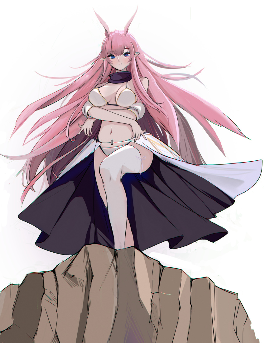 absurdres animal_ears arms_under_breasts bikini breasts cape closed_mouth english_commentary female fox_ears full_body highres honkai_(series) honkai_impact_3rd large_breasts long_hair looking_at_viewer navel pink_eyes pink_hair pointy_ears purple_eyes simple_background single_thighhigh solo sooner standing stomach string_bikini swimsuit thighhighs waist_cape white_background white_cape white_thighhighs yae_sakura