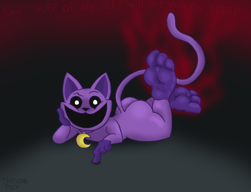 3_toes anthro ass big_butt big_feet catnap_(poppy_playtime) crossed_legs domestic_cat feet felid feline felis foot_fetish fur hindpaw male mammal mob_entertainment paws poppy_playtime purple_body purple_fur short_stack smelly smelly_feet smile smiling_critters smoke solo thieving_fox_(artist) toes