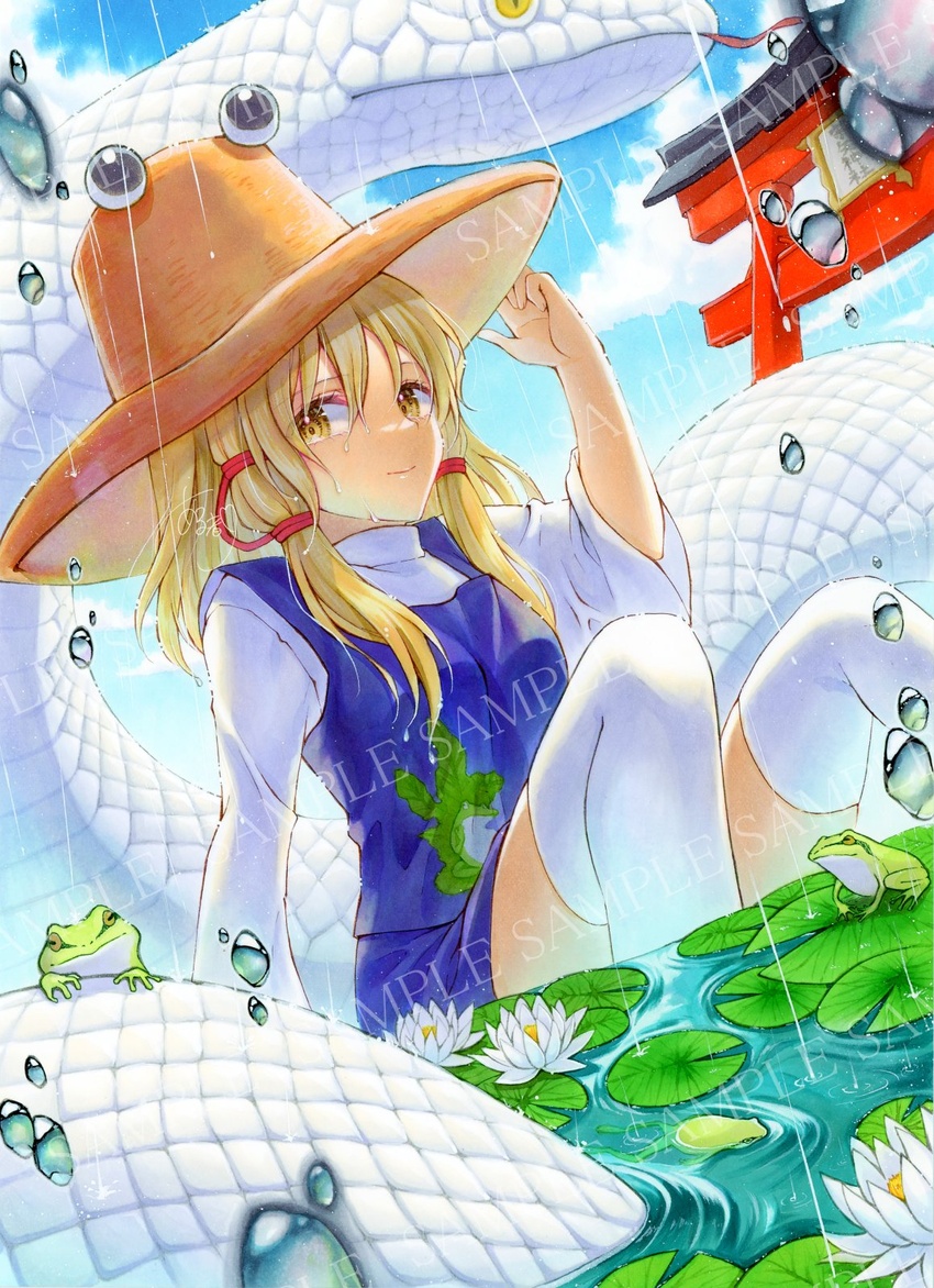 alto2019 blonde_hair blue_vest frog hair_ribbon hand_on_headwear hat highres lily_pad moriya_suwako red_ribbon ribbon sample_watermark shirt snake thighhighs touhou traditional_media vest water water_drop water_lily_flower watermark white_shirt white_snake white_thighhighs yellow_eyes