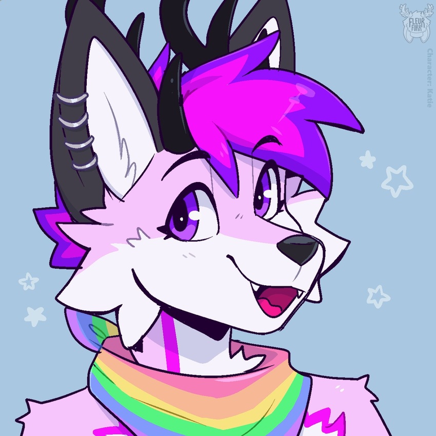 1:1 2023 accessory anthro antlers bandana black_ears black_nose deer ear_piercing fleurfurr fur hair hi_res horn inner_ear_fluff kerchief lgbt_pride male mammal multicolored_accessory multicolored_bandanna multicolored_body multicolored_fur multicolored_kerchief multicolored_neckerchief multicolored_neckwear neckerchief neckwear open_mouth piercing pink_body pink_fur pride_color_accessory pride_color_bandanna pride_color_kerchief pride_color_neckerchief pride_color_neckwear pride_colors purple_eyes purple_hair rainbow_pride_colors simple_background six-stripe_rainbow_pride_colors solo tuft watermark white_body white_fur