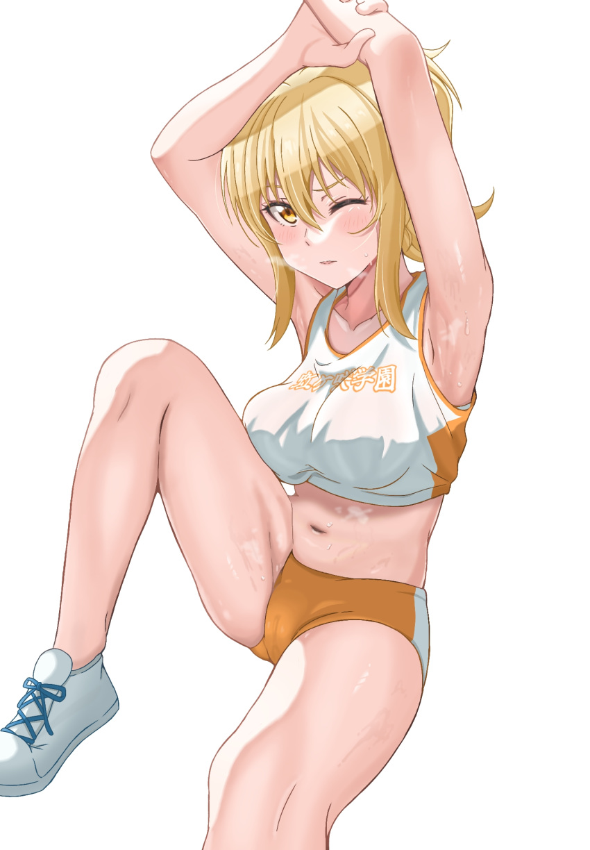 armpits arms_up blonde_hair blush breasts breath buruma collarbone commentary commission crop_top female gym_uniform highres leg_up looking_at_viewer love_live! love_live!_nijigasaki_high_school_idol_club medium_breasts midriff miyashita_ai navel one_eye_closed parted_lips pixiv_commission pokehikaxyz ponytail shadow shoes sidelighting simple_background sitting stairs steam steaming_body sweat thighs track_and_field white_background yellow_eyes