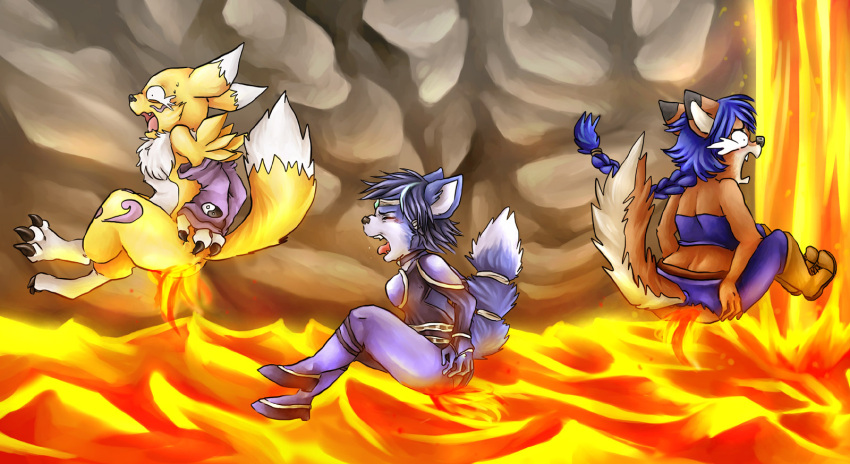 ambiguous_gender anthro arm_warmers armwear ass bandai_namco blue_body blue_fur blue_hair bodily_fluids bodysuit boots bottomwear burning burnt_clothing butt_on_fire canid canine carmelita_fox cheek_markings clothing digimon digimon_(species) digital_media_(artwork) exposed_butt facial_markings female fire footwear fox fur group hair hand_on_butt hasbro head_markings hi_res krystal_(star_fox) lava leg_markings mammal markings multicolored_body multicolored_fur nintendo open_mouth orange_body orange_fur pain pants renamon skinsuit sly_cooper_(series) socks_(marking) sony_corporation sony_interactive_entertainment star_fox sucker_punch_productions tail tears tight_clothing tomoe_(symbol) trio two_tone_body two_tone_fur white_body white_fur yellow_body yellow_fur yin_yang yolin