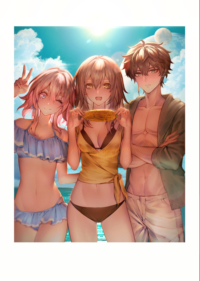 1boy 2girls bare_shoulders bikini black_bikini black_hair blue_bikini blue_eyes blue_sky border breasts closed_mouth cloud collarbone commentary_request corn corn_cob crossed_arms dan_heng_(honkai:_star_rail) earrings food frilled_bikini frills grey_hair hair_between_eyes hand_on_another's_back highres holding holding_food honkai:_star_rail honkai_(series) jacket jewelry kokollet looking_at_viewer march_7th_(honkai:_star_rail) medium_breasts medium_hair multiple_girls navel ocean open_clothes open_jacket open_mouth pants pink_eyes pink_hair planet short_hair single_earring sky small_breasts standing stelle_(honkai:_star_rail) stomach swimsuit teeth toned toned_male tongue trailblazer_(honkai:_star_rail) two-tone_eyes v white_border white_pants yellow_eyes