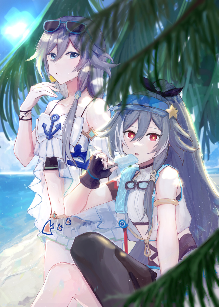 2girls absurdres arsum0731 bare_shoulders beach belly blue_eyes blue_hair eyewear_on_head fu_hua fu_hua_(herrscher_of_sentience) fu_hua_(ooh!_summer!)_(herrscher_of_sentience) fu_hua_(seagull's_soar) fu_hua_(shadow_knight) grey_hair hair_between_eyes high_ponytail highres honkai_(series) honkai_impact_3rd low_ponytail multicolored_hair multiple_girls ocean official_alternate_costume outdoors ponytail red_eyes sunglasses swimsuit white_hair yellow_pupils