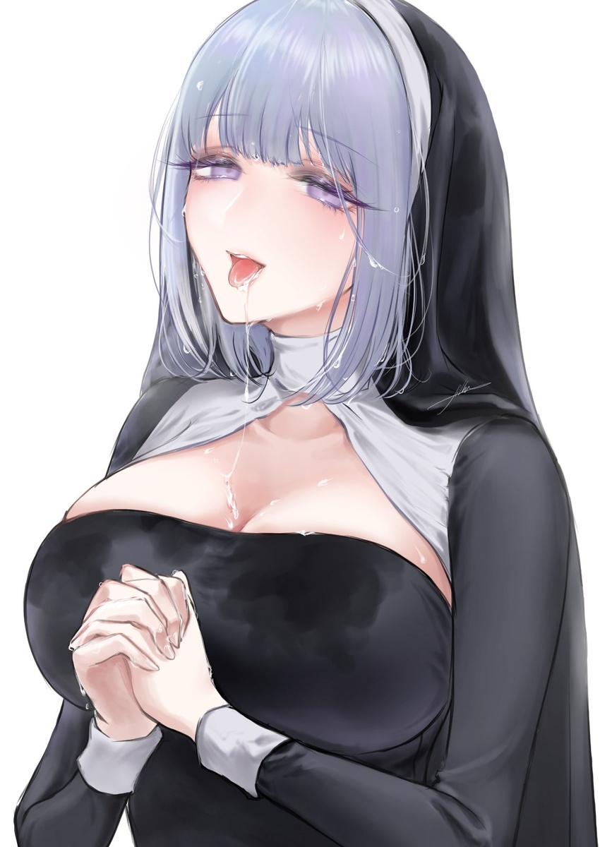 alternate_costume artist_name blush breasts cleavage female filha girls'_frontline grey_hair highres looking_at_viewer medium_breasts medium_hair nun open_mouth purple_eyes rpk-16_(girls'_frontline) solo tongue tongue_out upper_body wet white_background