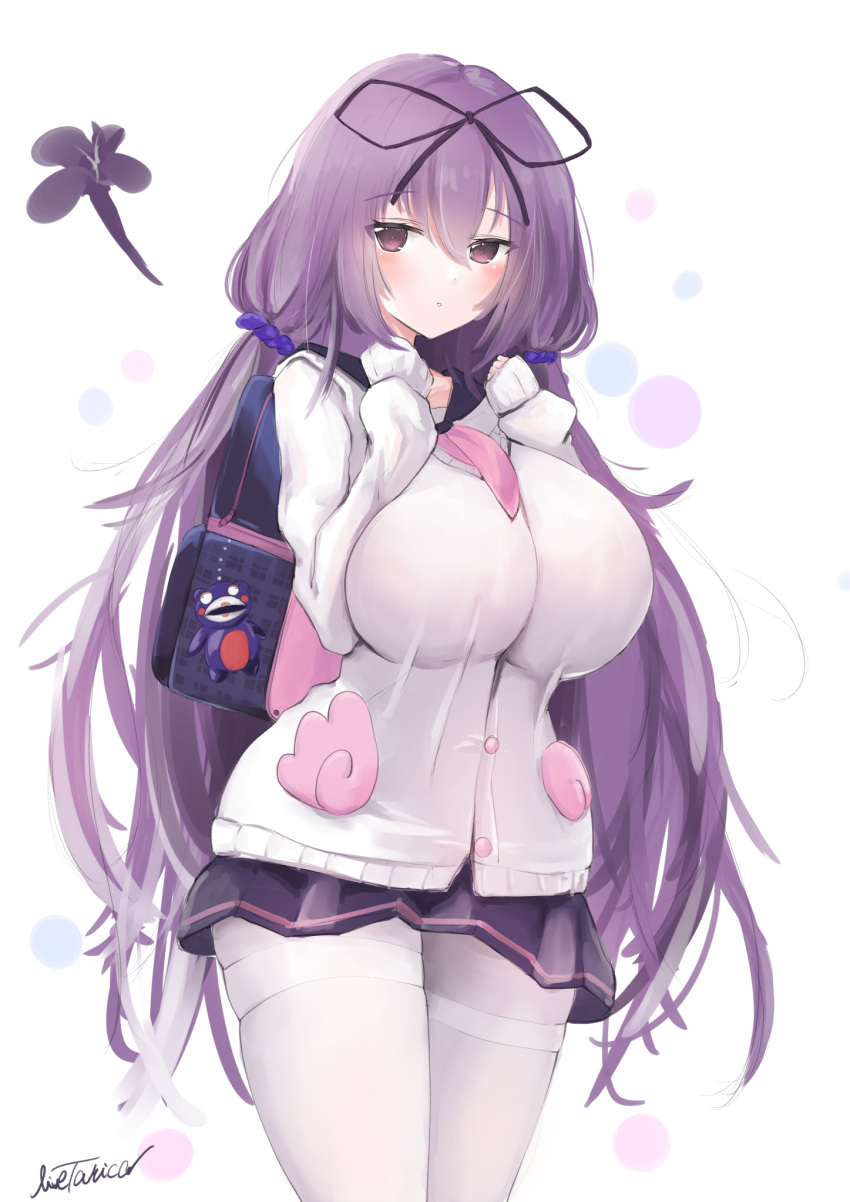 alternate_breast_size alternate_costume azur_lane backpack bag bow bowtie breasts commentary_request cosplay cowboy_shot female hair_between_eyes hair_ribbon highres huge_breasts jacket livetarica long_hair looking_at_viewer messy_hair murasaki_(senran_kagura) pantyhose pleated_skirt purple_eyes purple_hair purple_skirt ribbon school_uniform senran_kagura senran_kagura_new_link skirt stuffed_animal stuffed_toy sweater taut_clothes thighband_pantyhose thighhighs thighs unicorn_(azur_lane) unicorn_(azur_lane)_(cosplay) unicorn_(long-awaited_date)_(azur_lane) white_pantyhose white_thighhighs