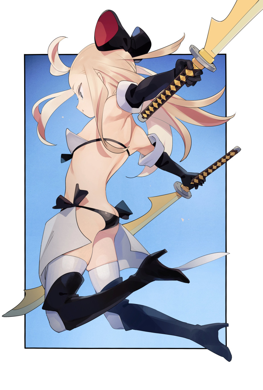 absurdres ahoge armor ass bikini bikini_armor blonde_hair boots bow bravely_default:_flying_fairy bravely_default_(series) breasts butt_crack dual_wielding edea_lee elbow_gloves female full_body gloves hairbow highres holding holding_sword holding_weapon long_hair lowleg lowleg_bikini solo swimsuit sword thigh_boots thighhighs urayamashiro_(artist) weapon