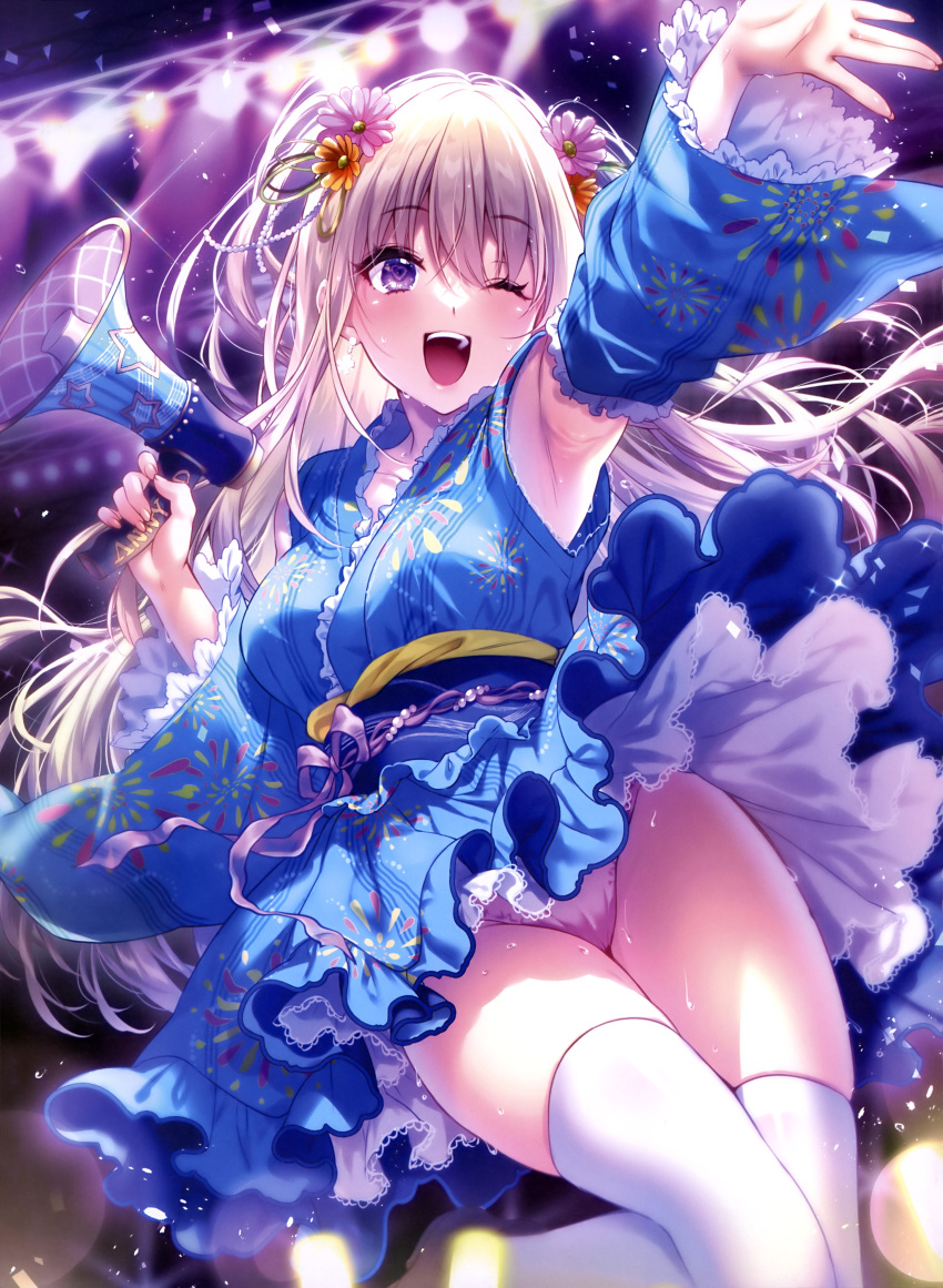 ;d \||/ absurdres arm_up armpits bare_shoulders blonde_hair blue_kimono blue_sleeves blurry blurry_background blush breasts clothes_lift crossed_bangs detached_sleeves earrings eyelashes eyes_visible_through_hair feet_out_of_frame female fingernails fireworks_print floating_clothes floating_hair flower frilled_kimono frilled_sleeves frills glowstick hair_between_eyes hair_flower hair_ornament hand_up happy heart heart-shaped_pupils highres holding holding_megaphone idol japanese_clothes jewelry kimono lolita_fashion long_hair long_sleeves looking_at_viewer medium_breasts megaphone one_eye_closed open_mouth orange_flower original outstretched_arm panties panty_peek petticoat pink_flower pink_panties purple_eyes purple_ribbon ribbon short_kimono skirt skirt_lift smile solo sparkle stage suzushiro_atsushi sweat symbol-shaped_pupils teeth thigh_gap thighhighs thighs two_side_up underwear upper_teeth_only very_long_hair wa_lolita white_thighhighs wide_sleeves wind wind_lift