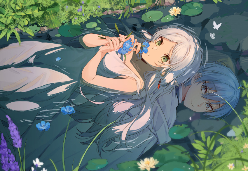 1boy absurdres afloat blue_eyes blue_hair bug butterfly closed_mouth different_reflection dress earrings elf female flower frieren green_eyes highres himmel_(sousou_no_frieren) jewelry lily_pad long_hair lying on_back open_mouth partially_submerged petals pointy_ears reflection see-through see-through_dress smelling_flower smile sousou_no_frieren toga water_lily_flower white_hair xuya2333