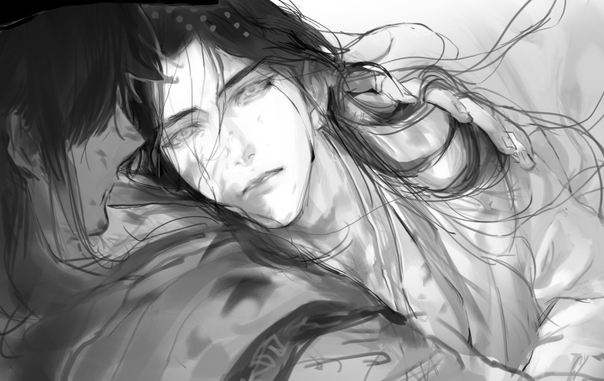 2boys arm_around_neck blood blood_on_clothes chinese_clothes chinese_commentary chu_wanning commentary_request erha_he_tadebai_mao_shizun fingernails greyscale hair_over_shoulder hand_on_another's_shoulder hanfu head_on_chest highres hug kami_off_record long_hair long_sleeves looking_at_another male_focus mo_ran monochrome multiple_boys parted_lips pectoral_cleavage pectorals upper_body yaoi